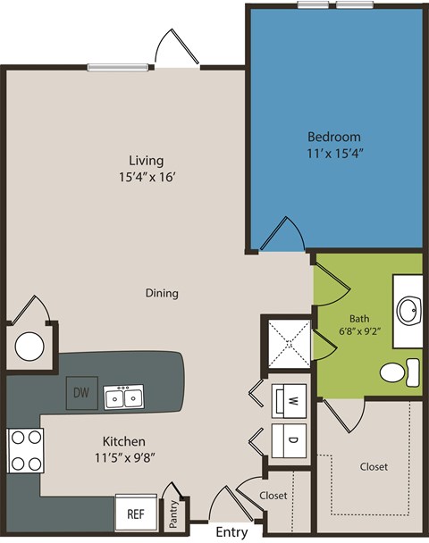 A floor plan of a small apartment with a living room, bedroom, kitchen, and dining area.