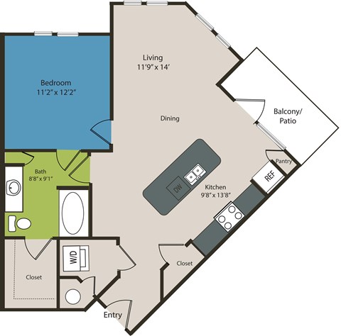 A floor plan of a living space with a bedroom, bathroom, kitchen, and closet.