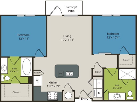 A floor plan of a living space with two bedrooms, a kitchen, and a bathroom.