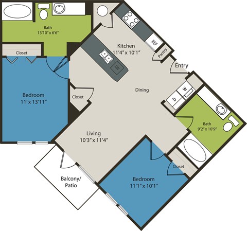 A floor plan of an apartment with a living area, two bedrooms, a kitchen, a bathroom, a balcony, and a dining area.