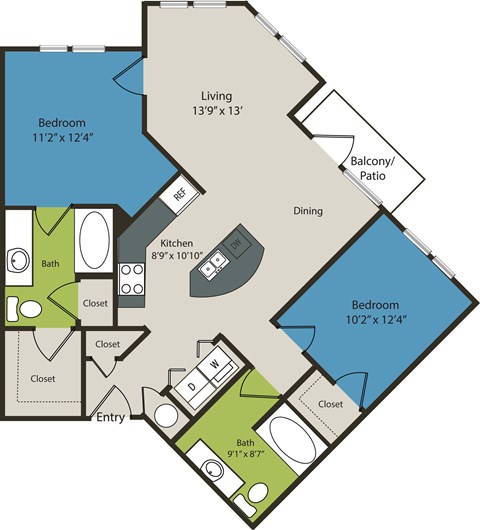 A floor plan of a living space with a kitchen, two bedrooms, a bathroom, and a balcony.
