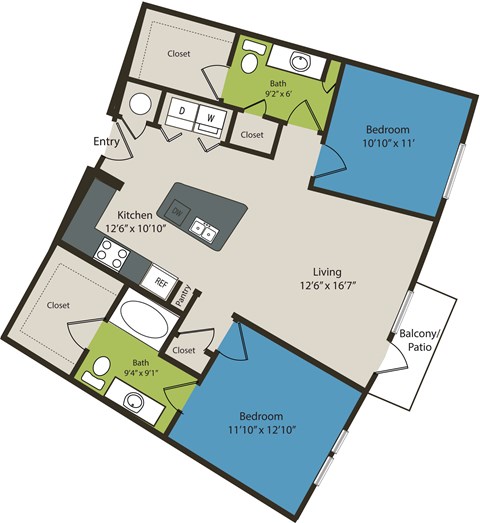 A floor plan of an apartment with a living area, kitchen, two bedrooms, and a bathroom.