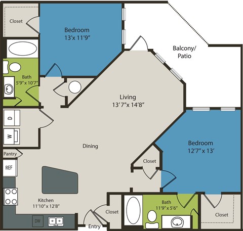 A floor plan of a house with a living room, two bedrooms, a kitchen, a bathroom, a pantry, and a dining area.