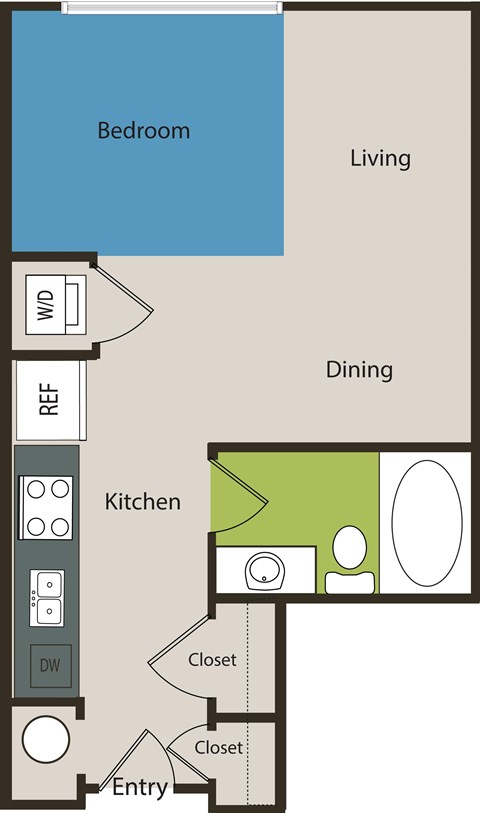 A floor plan of a small apartment with a bedroom, living room, dining room, kitchen, and two closets.