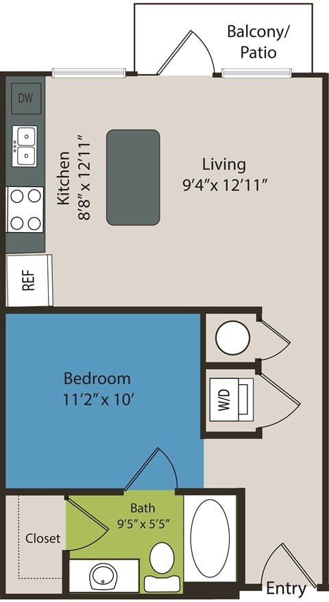 A floor plan of a small apartment with a living room, bedroom, and bathroom.