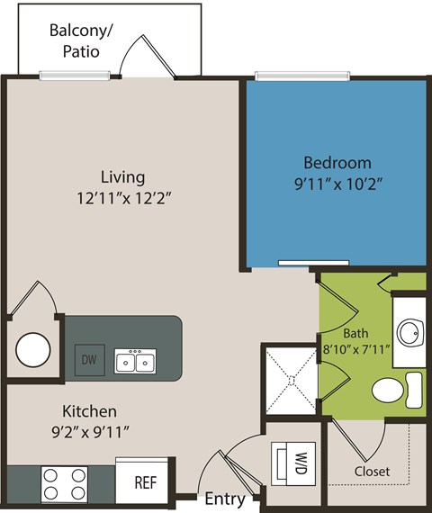 A floor plan of a house with a living room, kitchen, bedroom, bathroom, and closet.