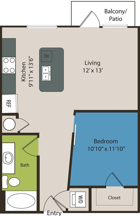 A floor plan of a small apartment with a living area, kitchen, bathroom, and bedroom.