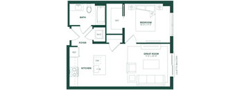 A floor plan of a house with a kitchen, living room, and bedrooms.