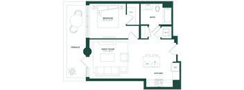 A floor plan of a house with a bedroom, bathroom, terrace, great room, and kitchen.