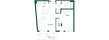 A floor plan of a small apartment with a kitchen, bathroom, bedroom, and a balcony.