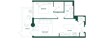A floor plan of a house with a terrace, bedroom, bathroom, great room, and kitchen.