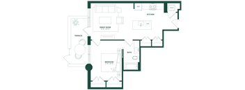 A floor plan of a house with a kitchen, bathroom, and bedroom.