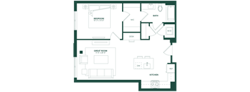 A floor plan of a house showing a bedroom, bath, kitchen, and great room.