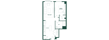 A floor plan of a house with a primary bedroom, a great room, a bath, and a kitchen.