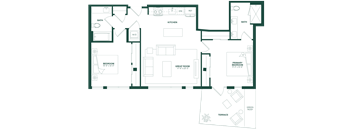 A floor plan of a house with a bath, kitchen, bedroom, and great room.