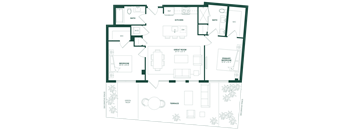 A floor plan of a house with a kitchen, bathrooms, and bedrooms.