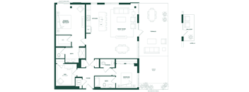 A floor plan of a house with a kitchen, bathrooms, and a balcony.