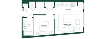 A floor plan of a house with a kitchen, bathroom, bedroom, and great room.
