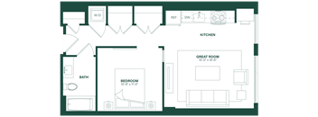A floor plan of a small apartment with a kitchen, bathroom, bedroom, and great room.