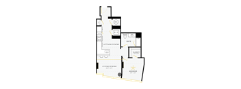 A floor plan of a house with a kitchen, living room, and bathroom.