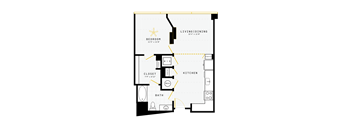 A floor plan of a living space with a bedroom, closet, bathroom, kitchen, and living room.