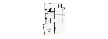 A floor plan of a house with a bedroom, bathroom, kitchen, dining area, and living room.
