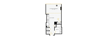 A floor plan of a small apartment with a living room, kitchen, bathroom, and closet.