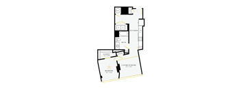 A floor plan of a home with a living room, dining room, kitchen, bathroom, and closet.