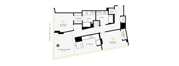 A floor plan of a house with two bedrooms, a living/dining area, a kitchen, a bathroom, and a closet.