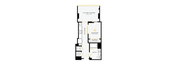 A floor plan of a small apartment with a kitchen, living room, and bedroom.