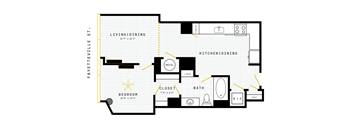 A floor plan of a living and dining room connected to a kitchen and a bedroom.