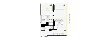 A floor plan of a living space with a bedroom, bathroom, kitchen, and closet.