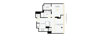 A floor plan of a house with a living room, kitchen, bathroom, and bedroom.