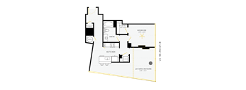 A floor plan of a home with a living room, dining room, kitchen, and bathroom.