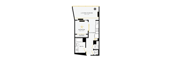 A floor plan of a small apartment with a living room, bedroom, kitchen, bathroom, and closet.