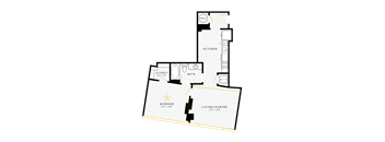 A floor plan of a house with a bedroom, bath, kitchen, and living room.