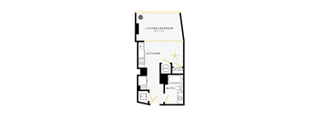 A floor plan of a small apartment with a living room, kitchen, bathroom, pantry, and closet.