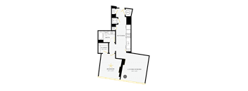 A floor plan of a home with a bedroom, bath, kitchen, living room, and dining area.