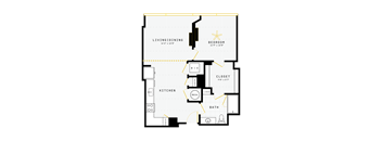 A floor plan of a small apartment with a living/dining area, kitchen, bathroom, and bedroom.