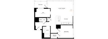 A floor plan of a house with a balcony, living/dining area, kitchen, bathroom, and bedroom.