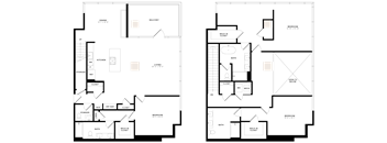 A floor plan of a house with two rooms on the left and three rooms on the right.