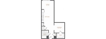 A floor plan of a small apartment with a living room, kitchen, sleeping area, bathroom, and walk-in closet.
