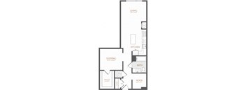 A floor plan of a small apartment with a living room, kitchen, sleeping area, bathroom, and nook.