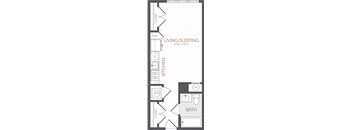 A floor plan of a small apartment with a living/sleeping area, kitchen, and bathroom.