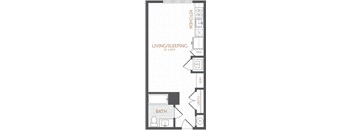 A floor plan of a small apartment with a living/sleeping area, kitchen, bathroom, and closet.