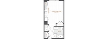 A floor plan of a small apartment with a living/sleeping area, kitchen, bathroom, and closet.