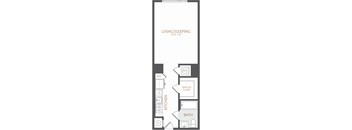A floor plan of a living/sleeping area with dimensions and room layout.