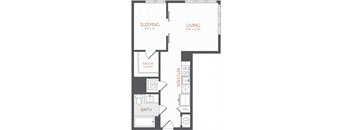 A floor plan of a house with a sleeping area, a living area, a kitchen, a bathroom, and a walk-in closet.