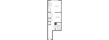 A floor plan of a small apartment with a kitchen, living room, bedroom, and bathroom.