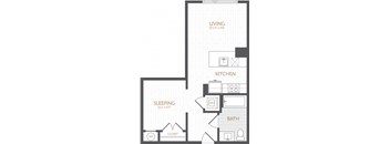 A floor plan of a small apartment with a sleeping area, kitchen, bathroom, and closet.